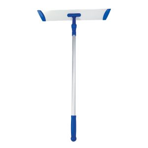 flat metal mop holder with long handle and blue plastic edges