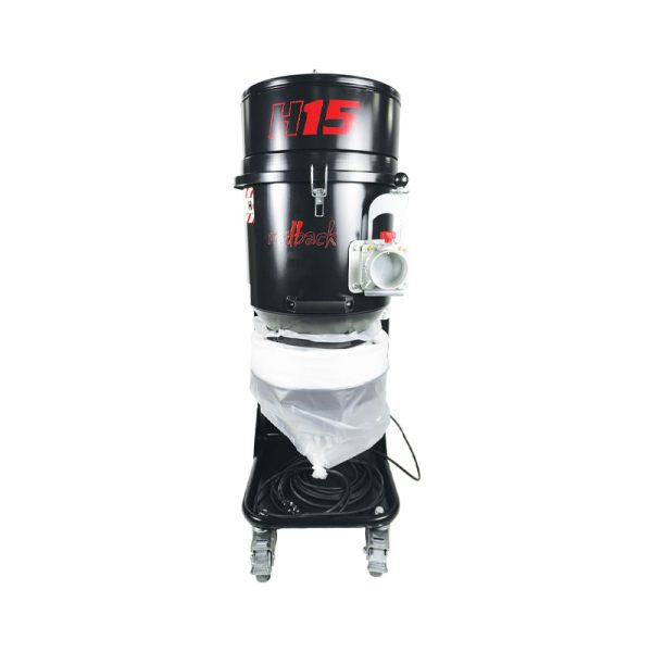 single motor Black metal H class dust extractor vacuum on wheels front view
