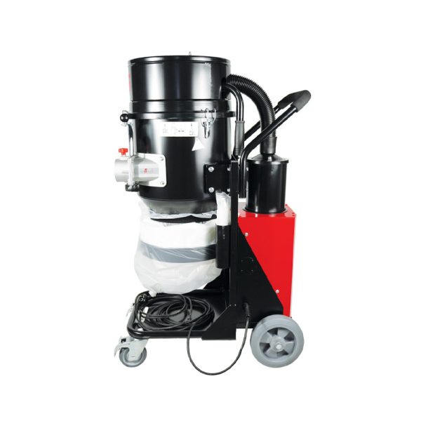 single motor Black metal H class dust extractor vacuum on wheels side view