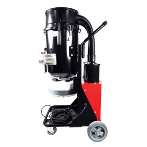 2 motor Black metal H class dust extractor vacuum on wheels side view