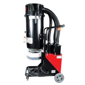 3 motor Black metal H class dust extractor vacuum on wheels side view