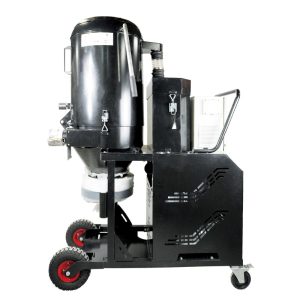 7.kw Black metal H class dust extractor vacuum on wheels side view
