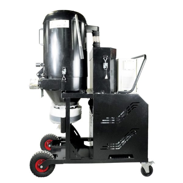 7.kw Black metal H class dust extractor vacuum on wheels side view