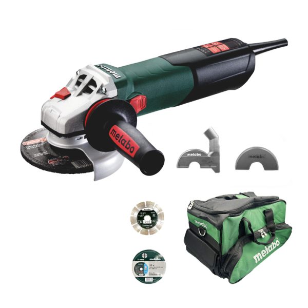 metabo 125mm angle grinder bundle with bag, cutting discs, blade, cutting guard and extraction hood