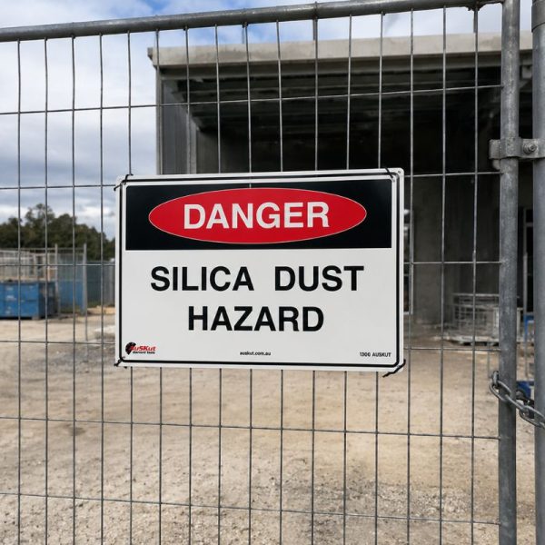 A silica dust hazard sign on a job site